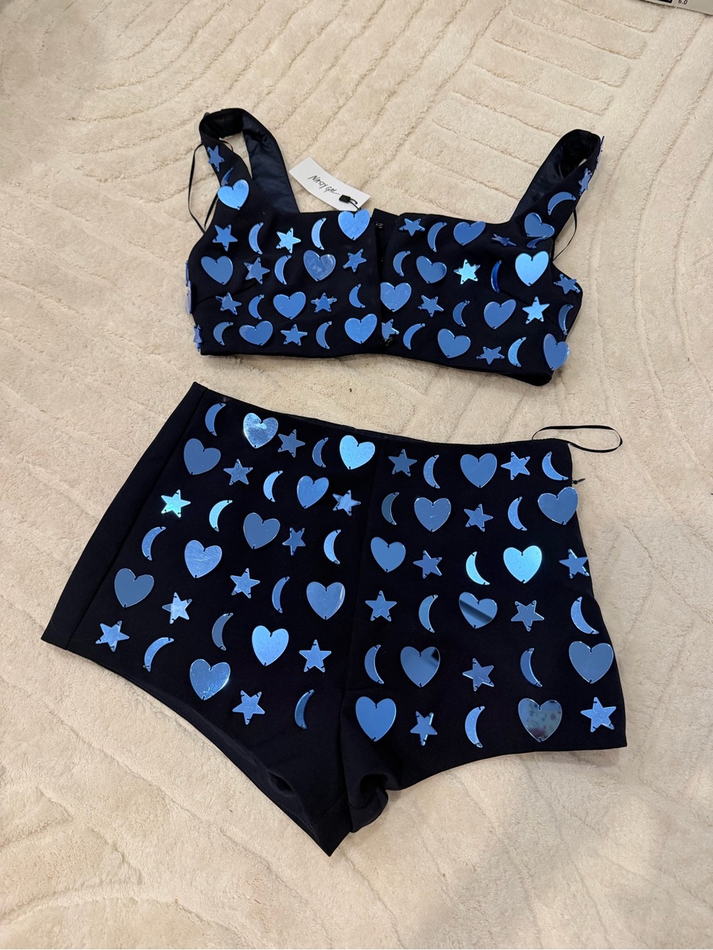 Nasty Gal Black Crop Top & Shorts Set with Blue Heart, Star & Moon Appliqués